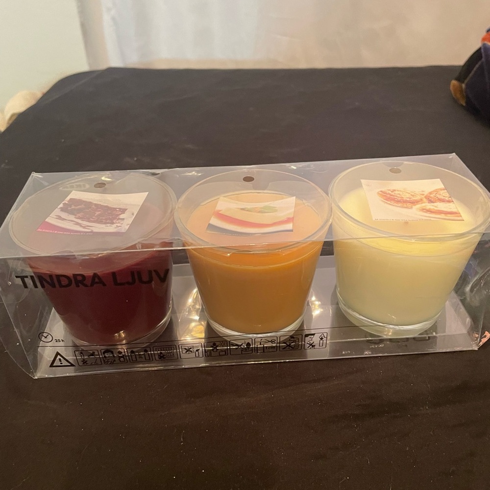 IKEA TINDRA LJUV Dessert Scented Candles Cinnamon Roll Chocolate Cake Brulee NEW